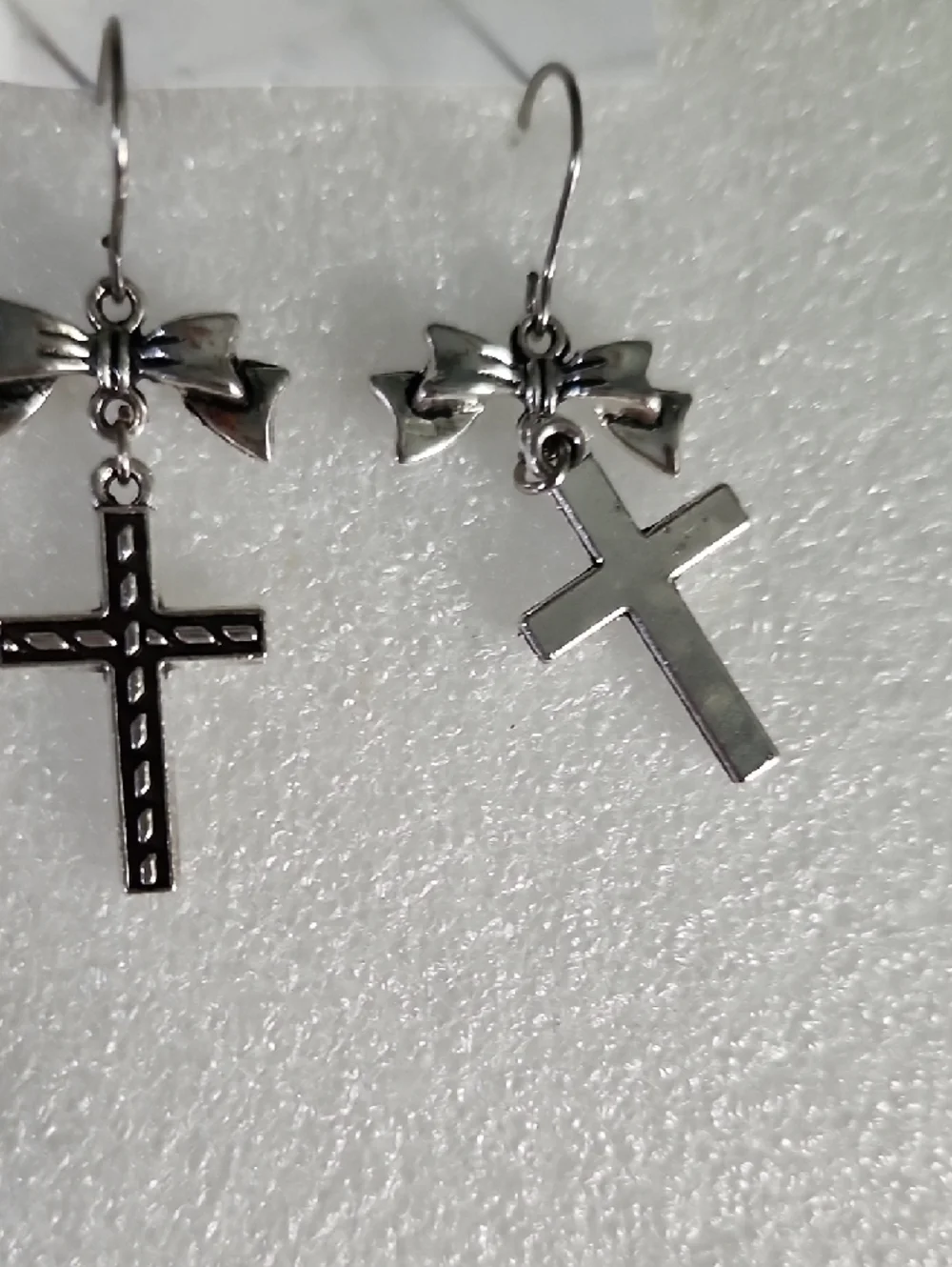Hand Crafted Silver Bow & Cross Dangle Earrings